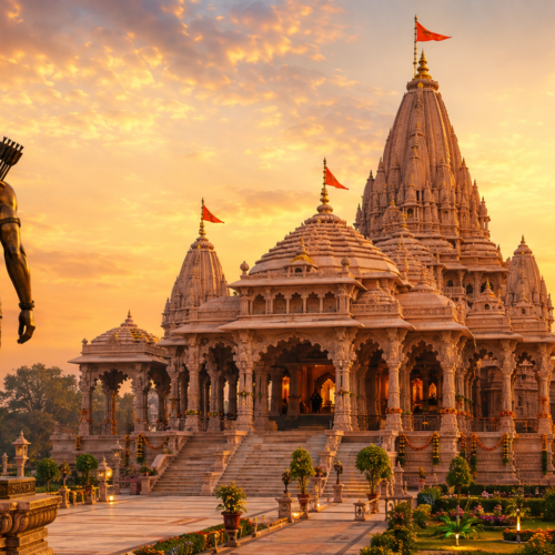 Ayodhya Ram Temple with Lord Rama statue at sunset