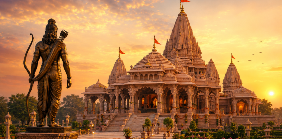 Ayodhya Ram Temple with Lord Rama statue at sunset