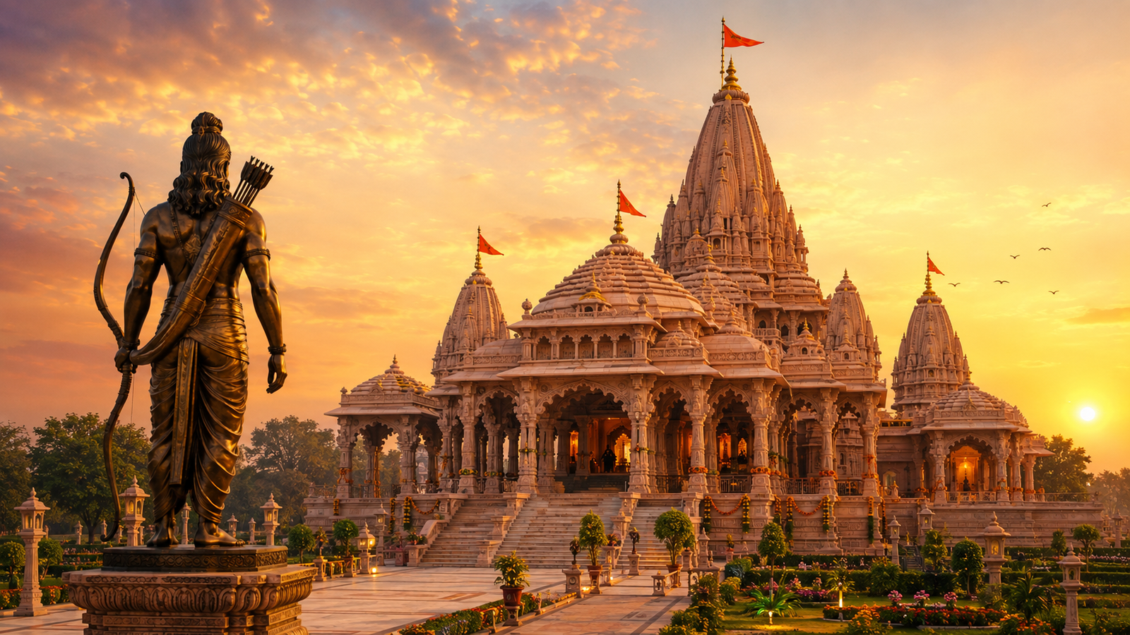 Ayodhya Ram Temple with Lord Rama statue at sunset