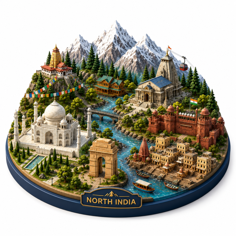 3D miniature illustration representing North India tourism with Himalayan mountains, temples, Delhi, Agra, Varanasi and historic landmarks