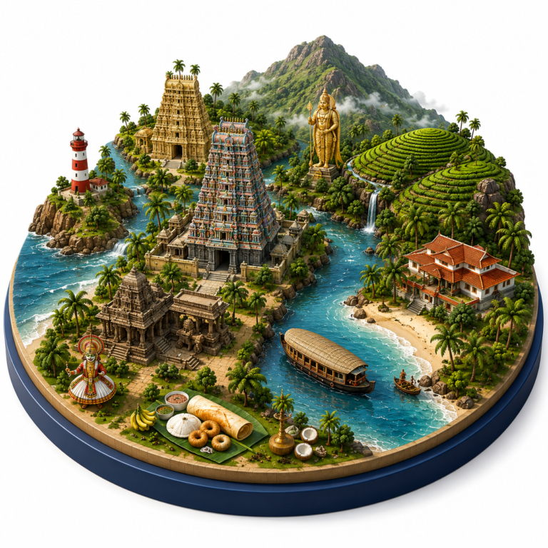 3D miniature illustration representing South India tourism with temples, Kerala backwaters, beaches, Western Ghats, houseboats and traditional culture