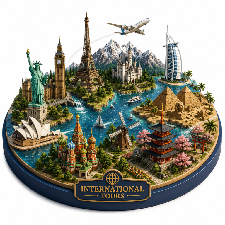 3D miniature illustration representing international tours with famous world landmarks, Eiffel Tower, pyramids, Statue of Liberty, Japan, Dubai and more