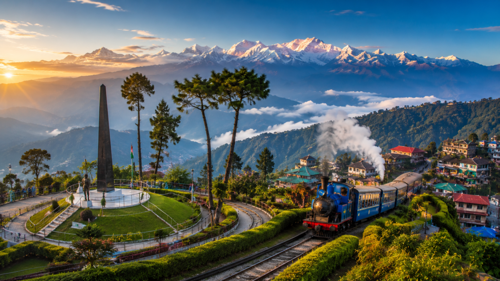 Darjeeling hill station with Kanchenjunga mountains and the Darjeeling Himalayan Railway