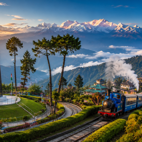 Darjeeling hill station with Kanchenjunga mountains and the Darjeeling Himalayan Railway