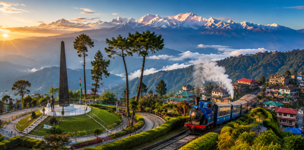 Darjeeling hill station with Kanchenjunga mountains and the Darjeeling Himalayan Railway