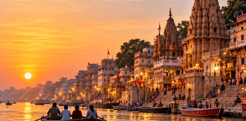 Varanasi Ganges ghats and temple skyline at sunset representing a spiritual pilgrimage through Ayodhya, Varanasi and Bodh Gaya
