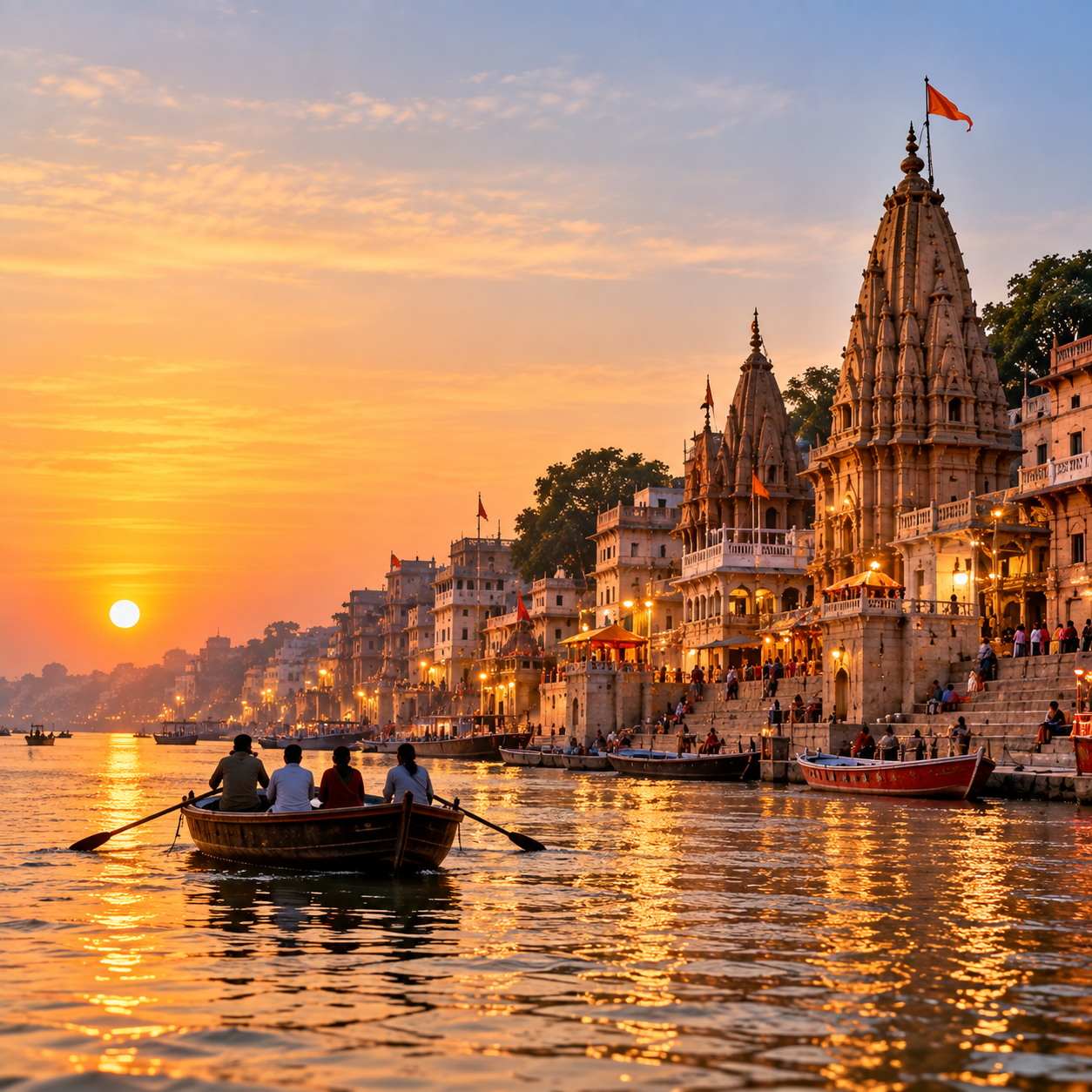 Varanasi Ganges ghats and temple skyline at sunset representing a spiritual pilgrimage through Ayodhya, Varanasi and Bodh Gaya