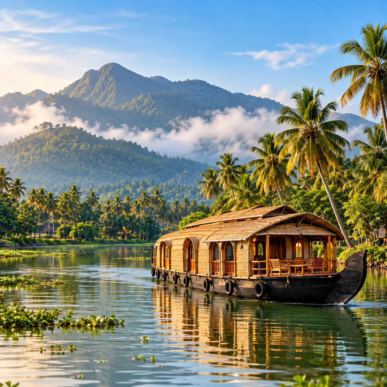 Kerala landscape featuring misty hills, lush forests, traditional temple, Alleppey houseboat and scenic backwaters