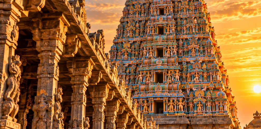 Golden Hour at the Ornate Indian Temple